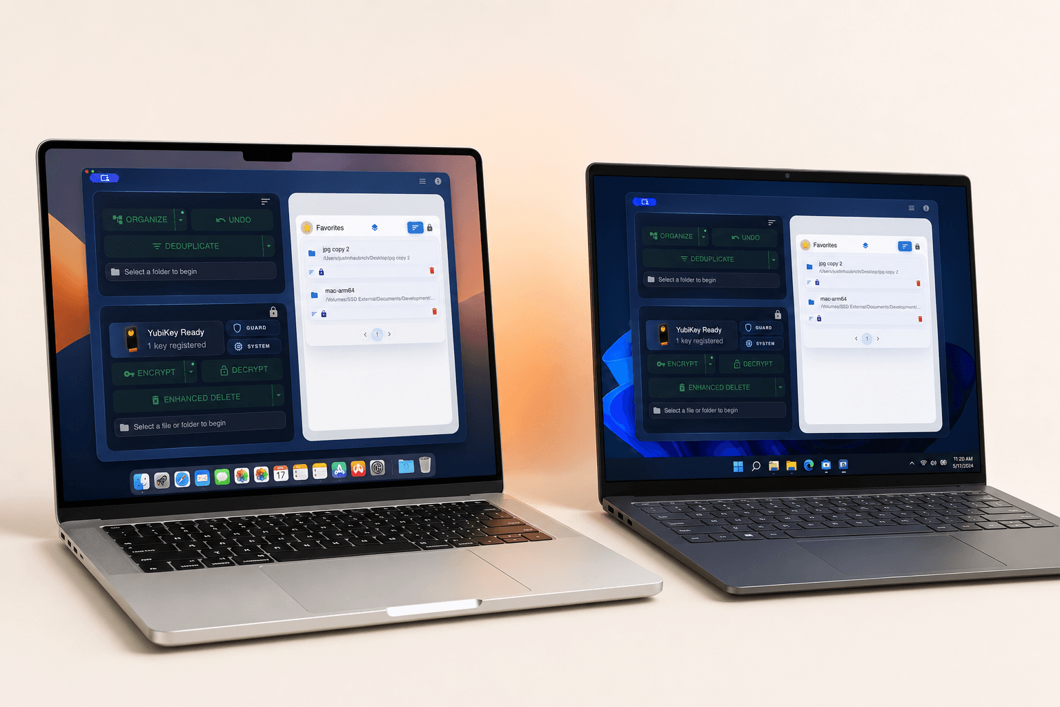 VaultSort running side by side on a MacBook and a Windows laptop