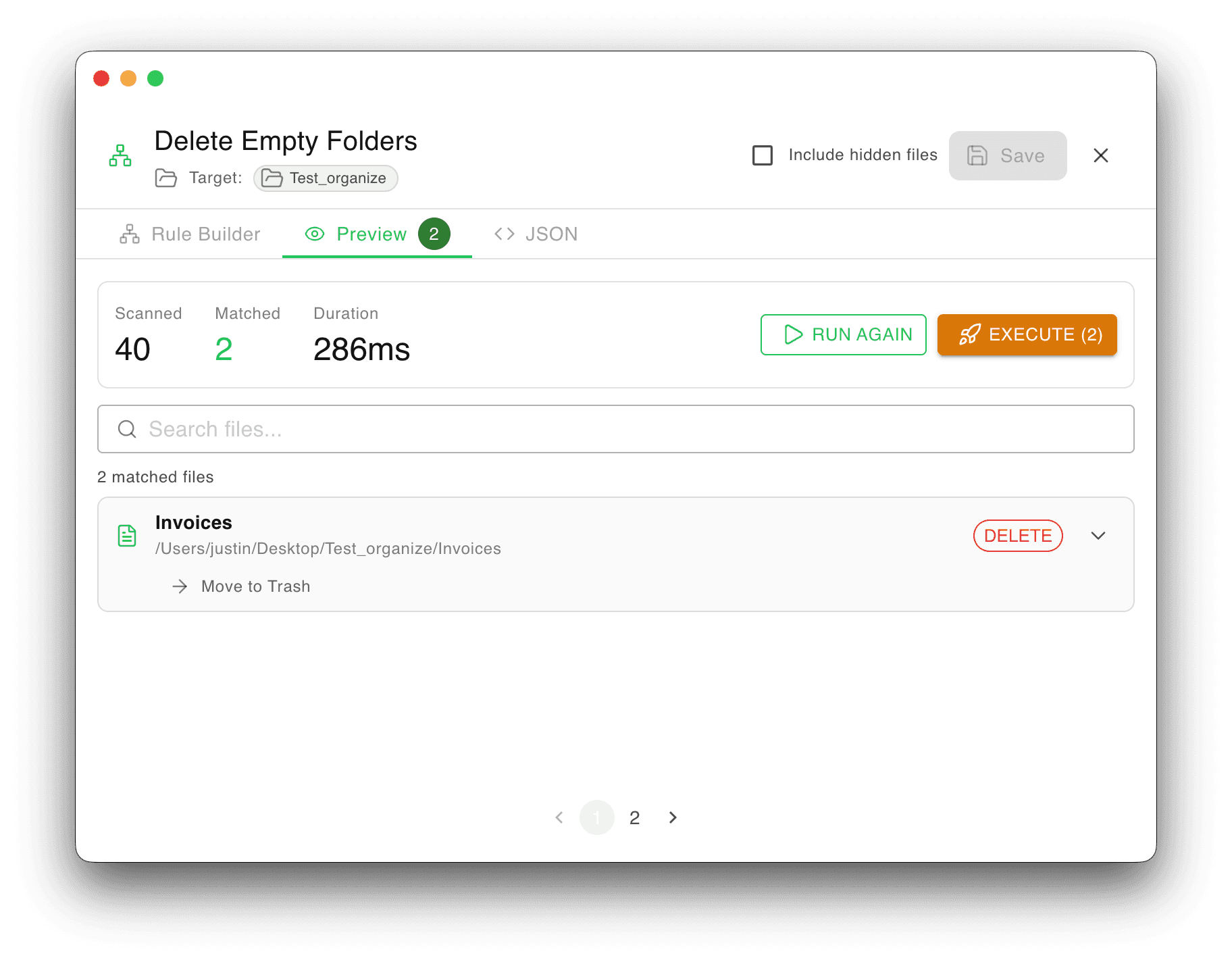 VaultSort previewing an automation job with scanned and matched file counts