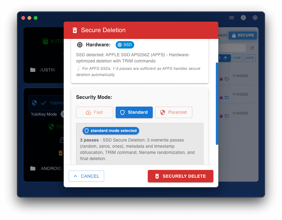 VaultSort secure delete interface