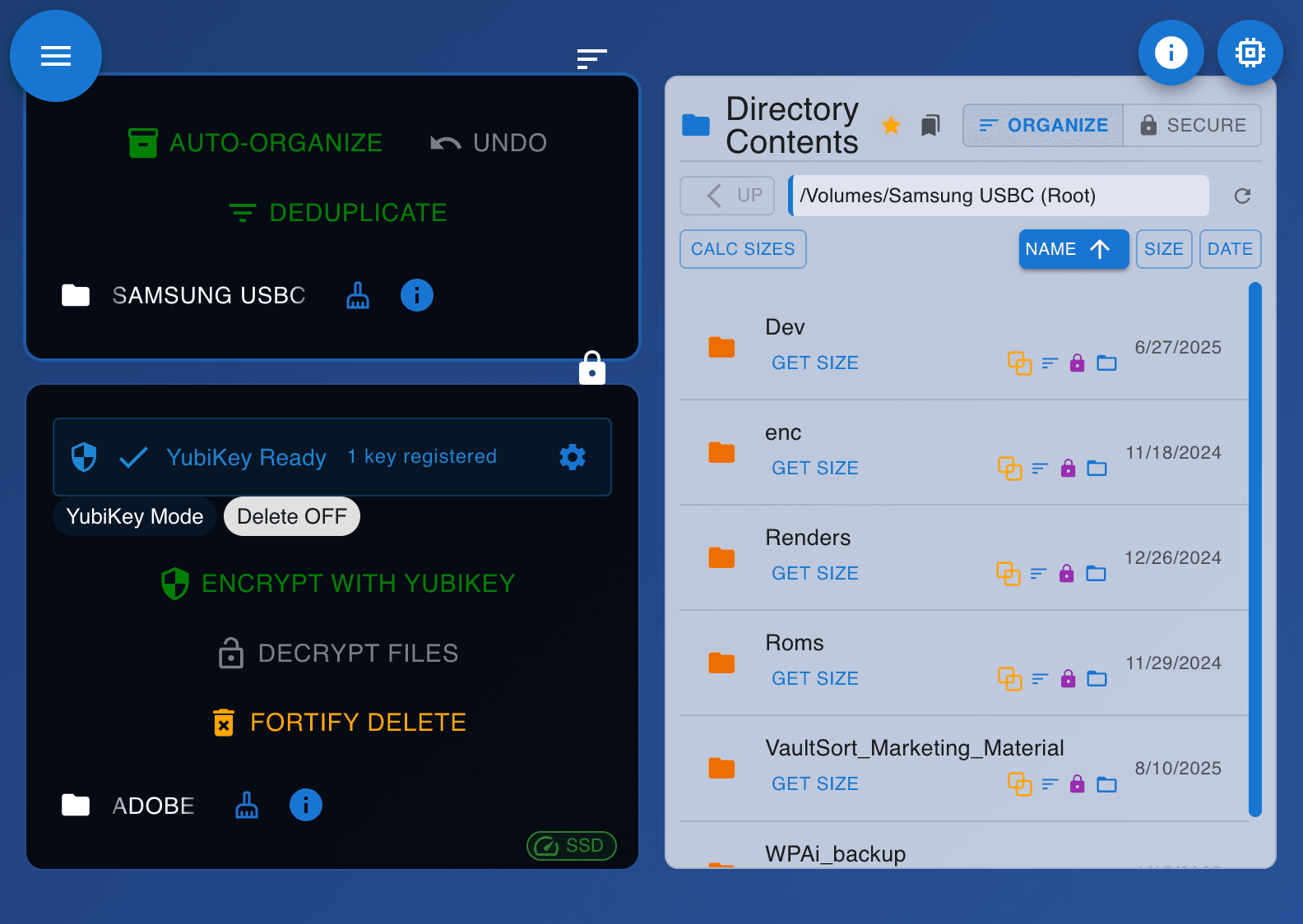 The VaultSort dashboard: Effortlessly organize and secure your files with a beautiful, intuitive interface.
