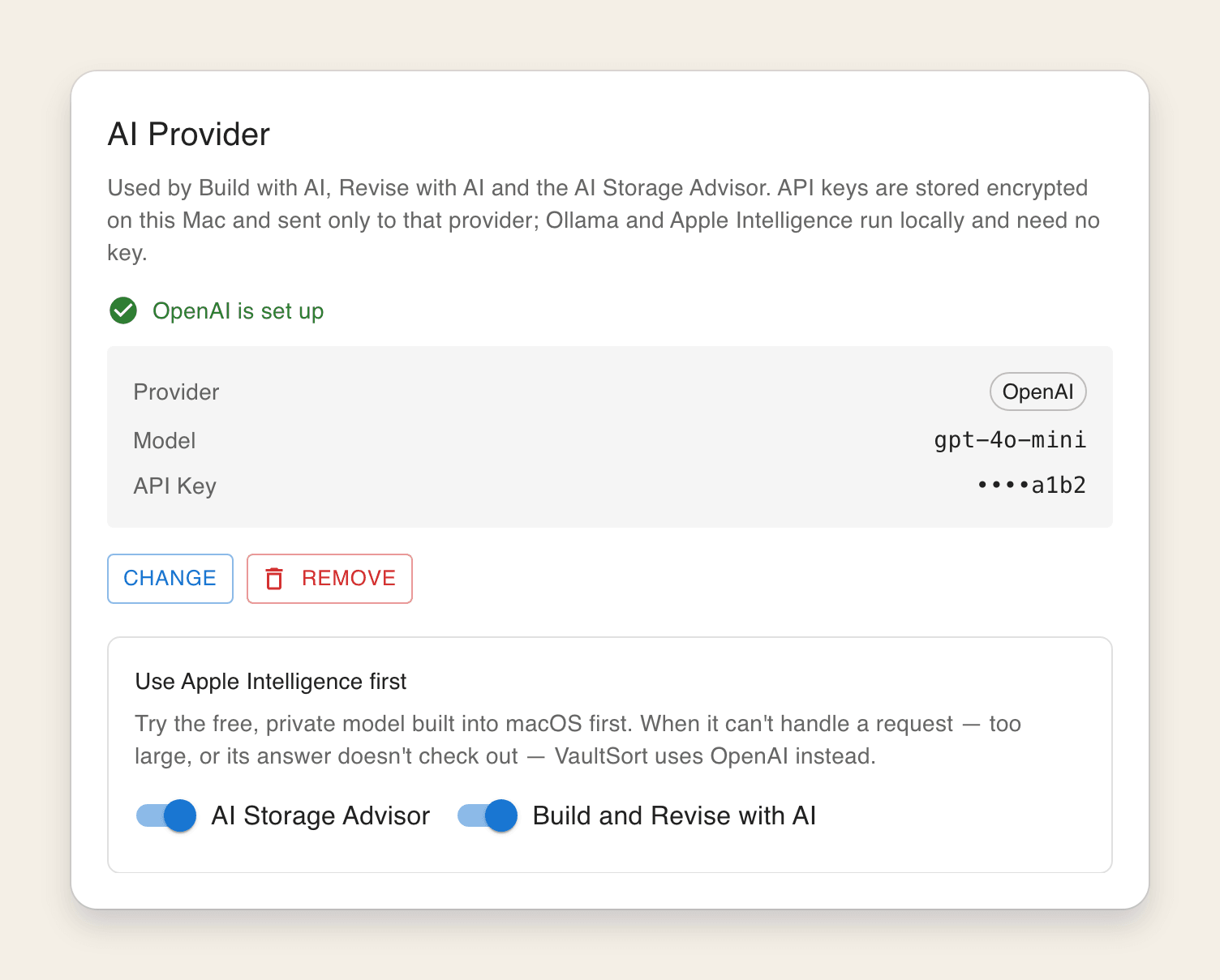 VaultSort's AI settings with OpenAI set up and Use Apple Intelligence first switched on for the AI Storage Advisor and for Build and Revise with AI