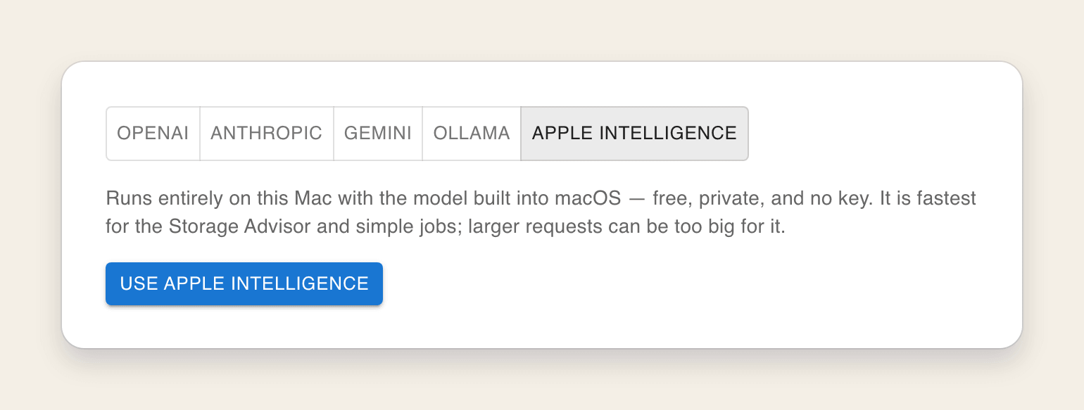 The Apple Intelligence option in VaultSort's AI settings, with the Use Apple Intelligence button