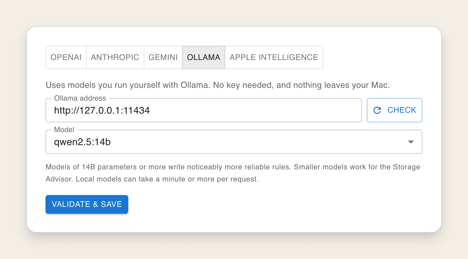VaultSort's Ollama settings: the address http://127.0.0.1:11434, the Check button, and qwen2.5:14b chosen as the model