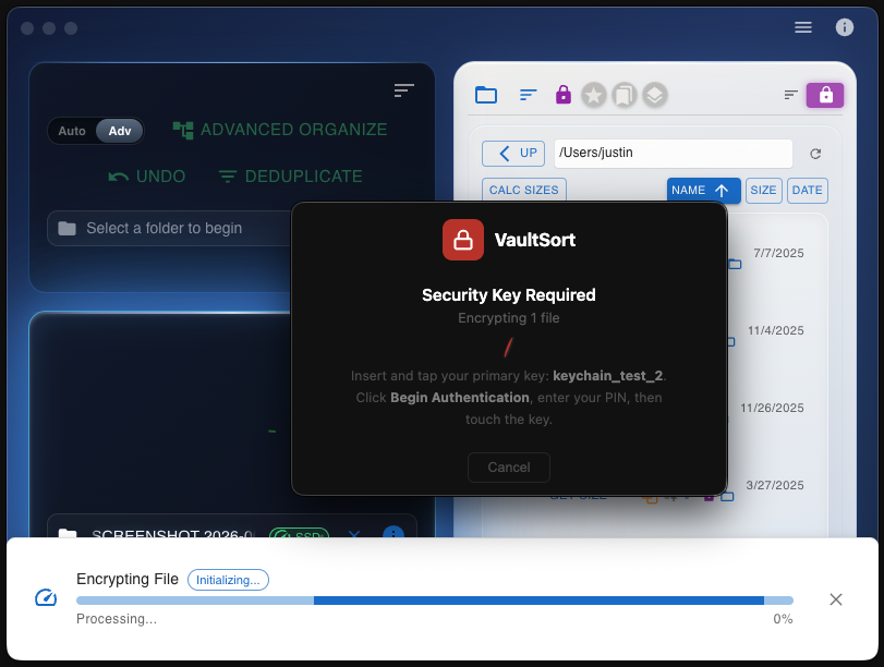 VaultSort encrypting a file with hardware key authentication — security key required prompt