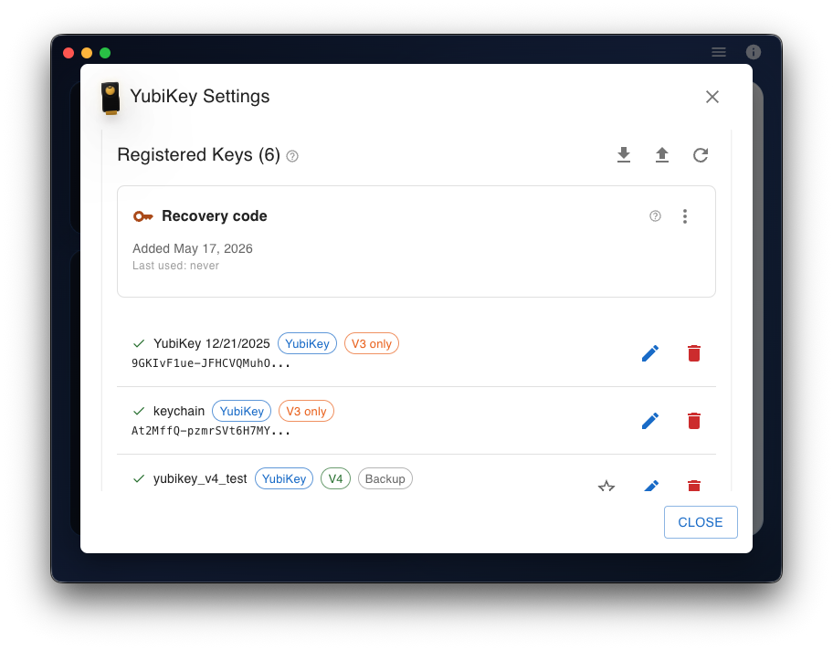 VaultSort Key Settings panel showing registered keys, recovery code, and V4 credentials