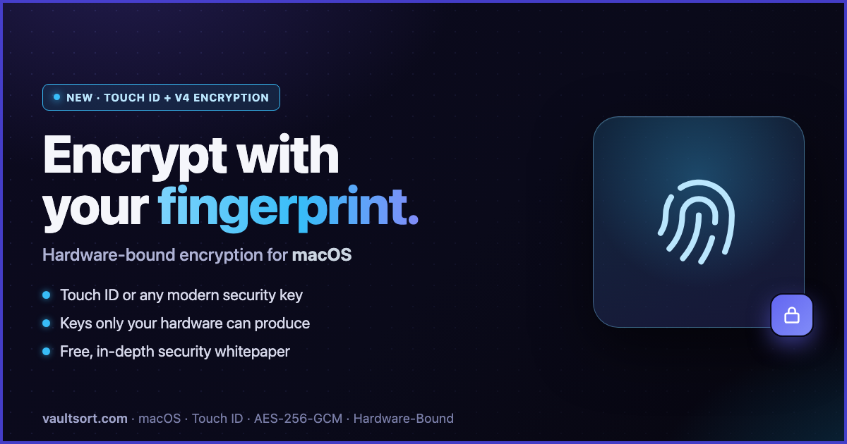 VaultSort — encrypt with your fingerprint. Hardware-bound file encryption for macOS.